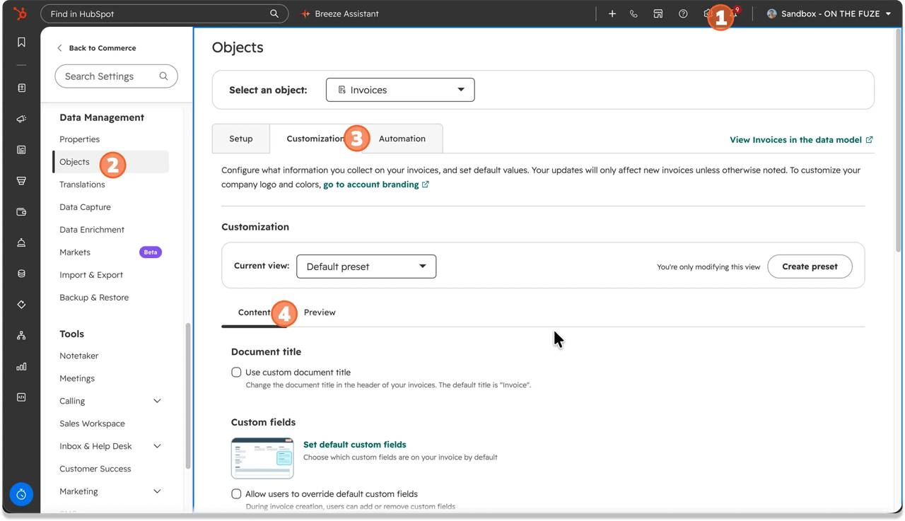 HubSpot invoice generator settings: the Customization tab under Objects → Invoices, with the Default preset open showing document title and custom fields.