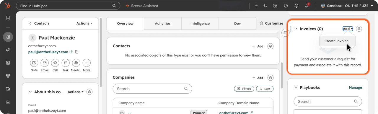 HubSpot CRM invoicing from a contact record: the Invoices card in the right sidebar with the Add dropdown open on Create invoice.