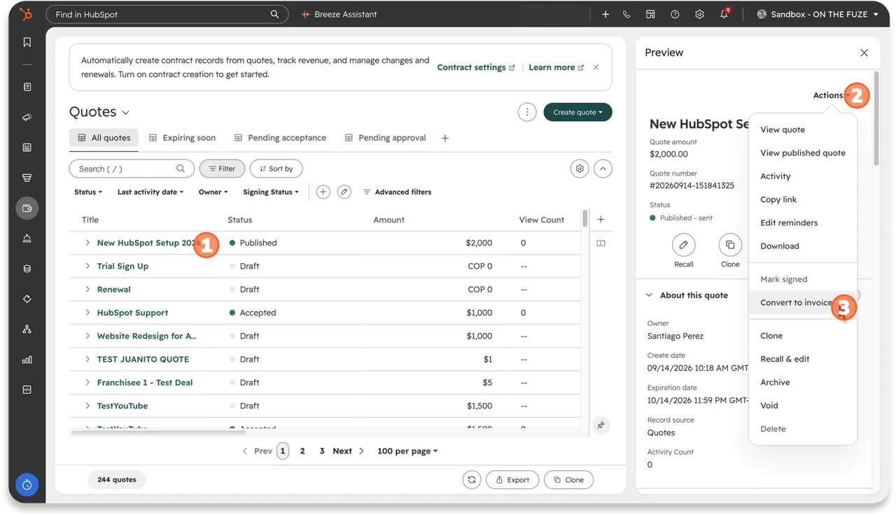 Converting a published quote to an invoice in HubSpot: the quote's Preview panel with the Actions menu open on Convert to invoice.