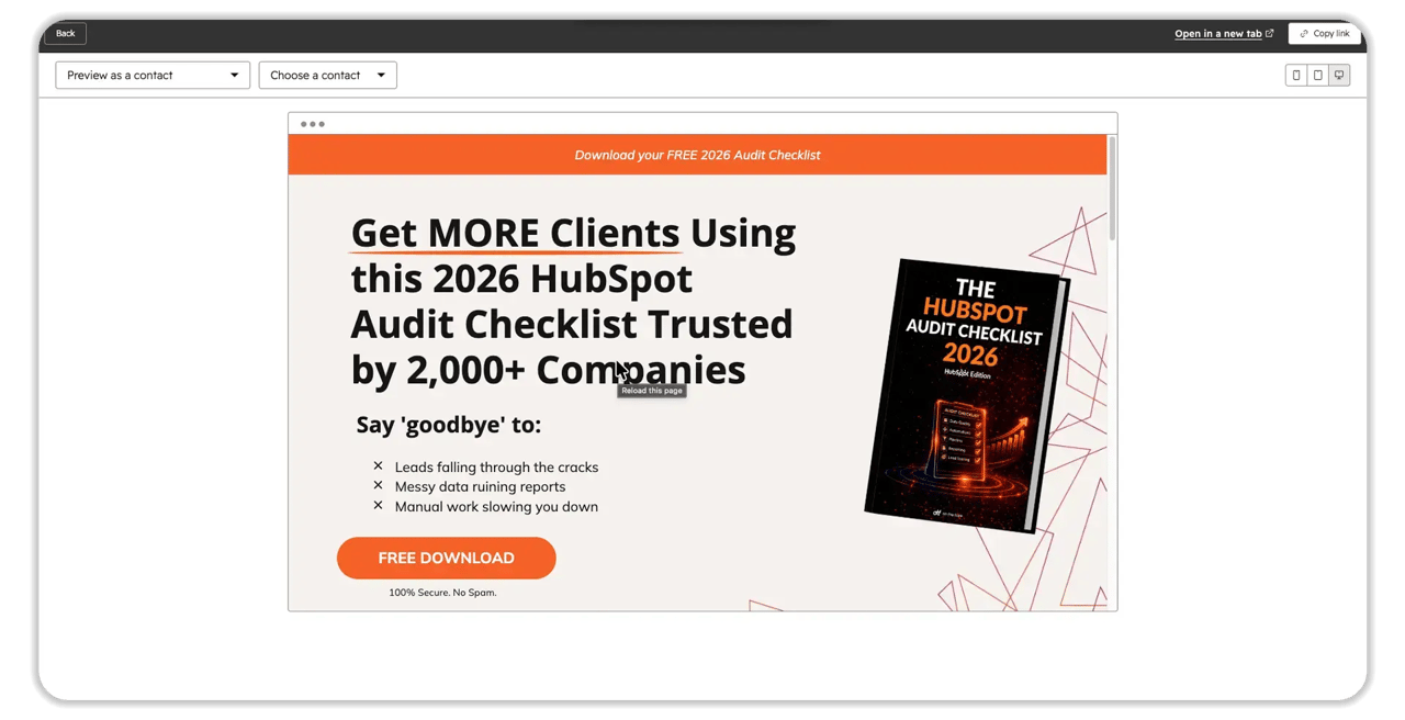 HubSpot landing page offering a free 2026 Audit Checklist. Headline reads "Get MORE Clients Using this 2026 HubSpot Audit Checklist Trusted by 2,000+ Companies." Features a book mockup and orange FREE DOWNLOAD button.