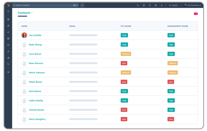HubSpot Contacts dashboard displaying a list of contacts with columns for Name, Email, Fit Score, and Engagement Score. The interface shows 10 contacts with varying scores - some marked as High (teal), Medium (orange), and Low (red) for both fit and engagement metrics, demonstrating HubSpot's lead scoring and contact management capabilities