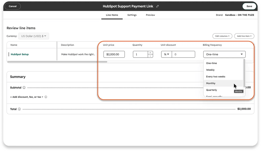 A screenshot of the Line Items tab of a HubSpot payment link. The Billing frequency dropdown is highlighted in orange and open, showing One-time, Weekly, Every two weeks, Monthly, Quarterly, and Semi-annually next to a $2,000.00 line item.