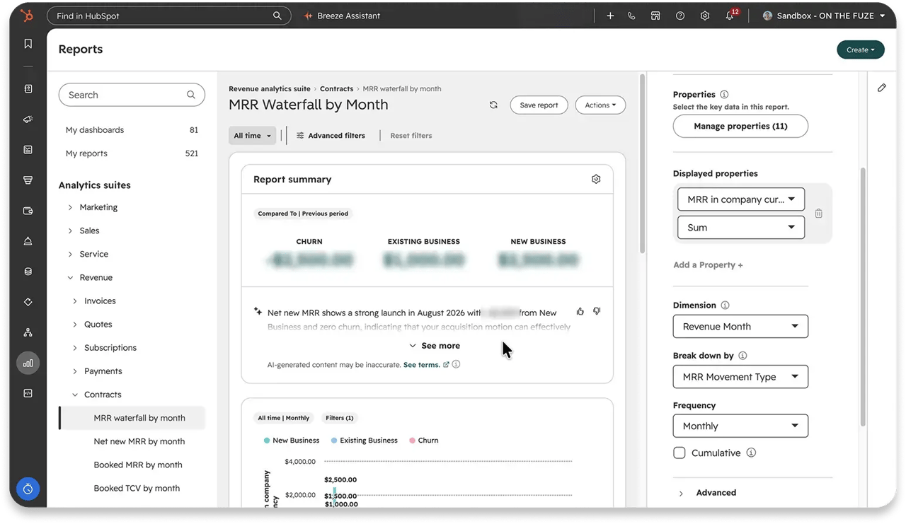HubSpot MRR Waterfall by Month report showing churn, existing business, and new business totals with an AI summary, alongside the configuration panel for dimension, breakdown, and frequency.