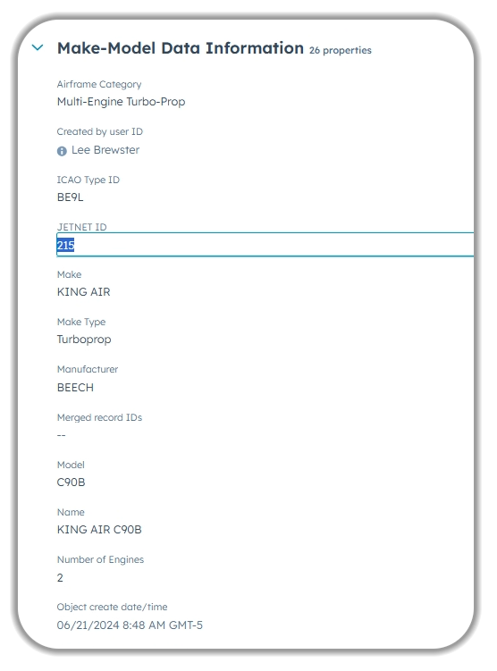 HubSpot integration showing aircraft make-model data information panel with detailed specifications for KING AIR C90B turboprop including JetNet ID, manufacturer (BEECH), airframe category, and creation timestamp demonstrating custom aviation CRM capabilities.