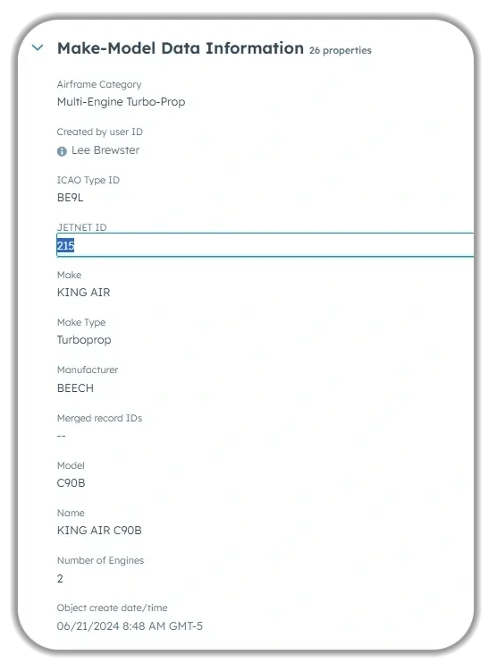 HubSpot integration showing aircraft make-model data information panel with detailed specifications for KING AIR C90B turboprop including JetNet ID, manufacturer (BEECH), airframe category, and creation timestamp demonstrating custom aviation CRM capabilities.