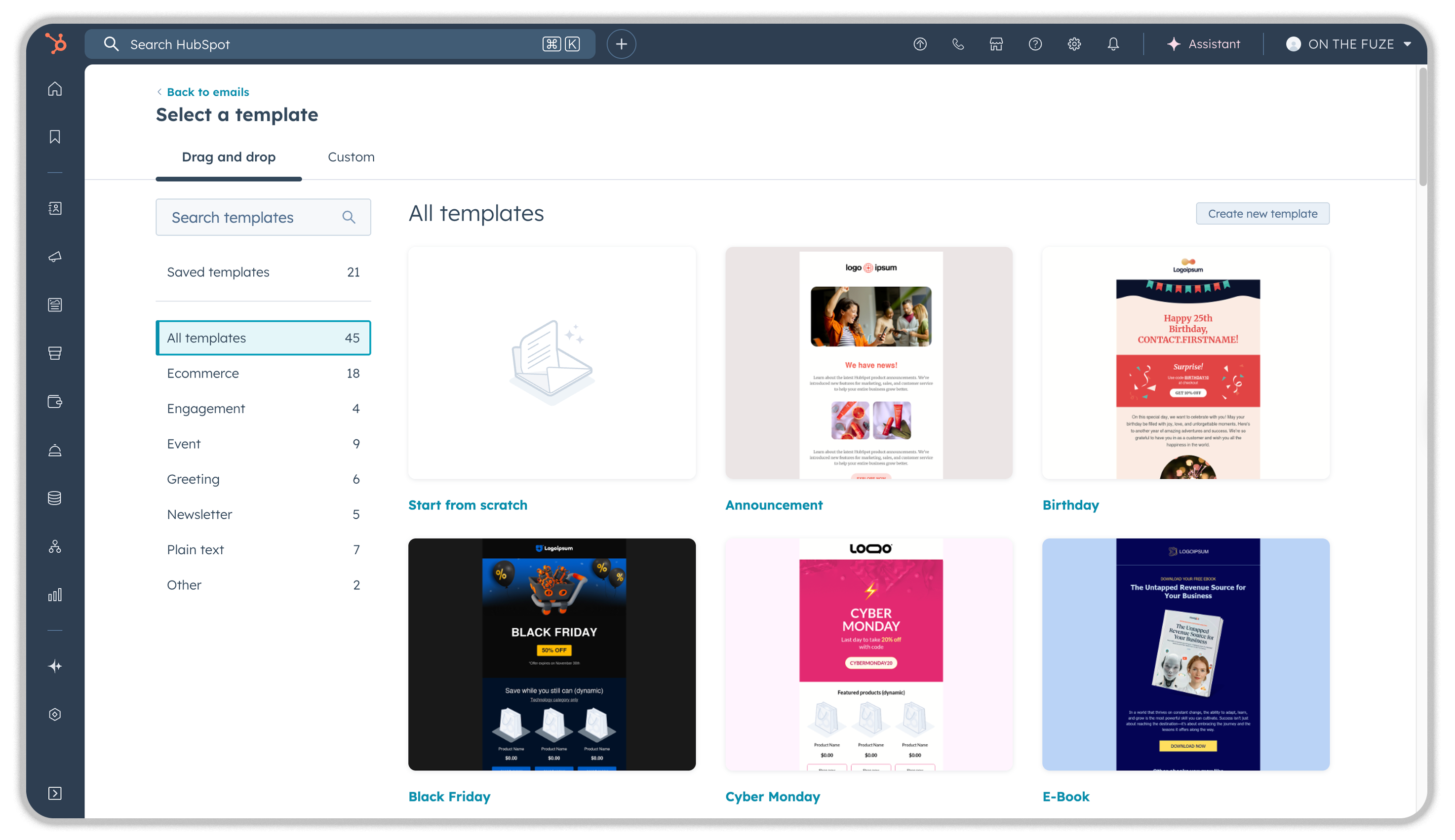 HubSpot email templates selection interface showing drag-and-drop template options including Black Friday, Cyber Monday, Birthday, Announcement, and E-Book designs