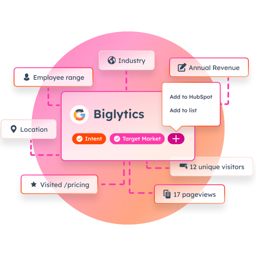 Biglytics company profile in HubSpot with industry, revenue, and web activity data.