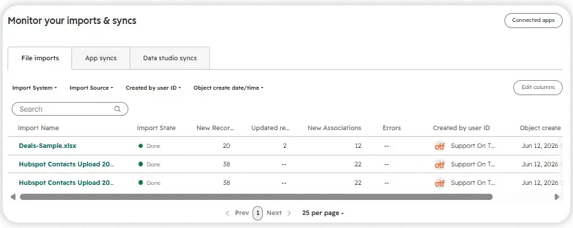HubSpot imports and syncs monitor on the File imports tab, showing three completed imports with their new record, updated record, and association counts.