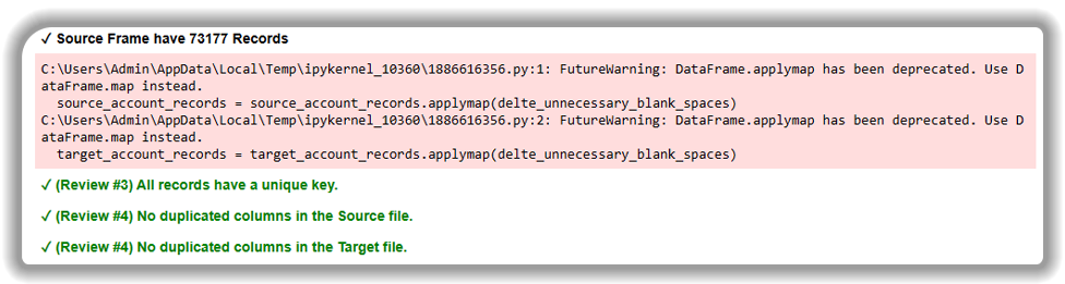 Data processing validation report showing successful import of 73,177 records with Python script warnings about deprecated DataFrame.applymap function, plus confirmation of unique keys and no duplicate columns in source and target files.