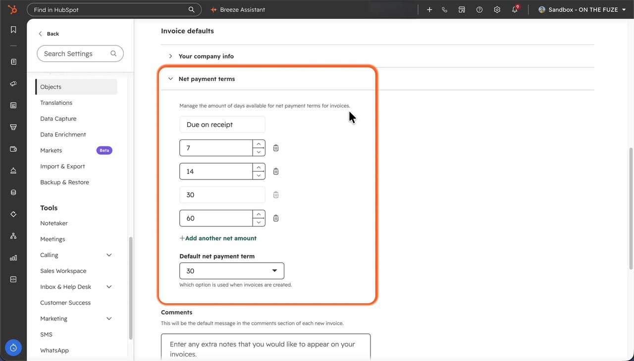 HubSpot invoice generator settings: the Net payment terms section with Due on receipt, 7, 14, 30, and 60 available, and the default set to 30.
