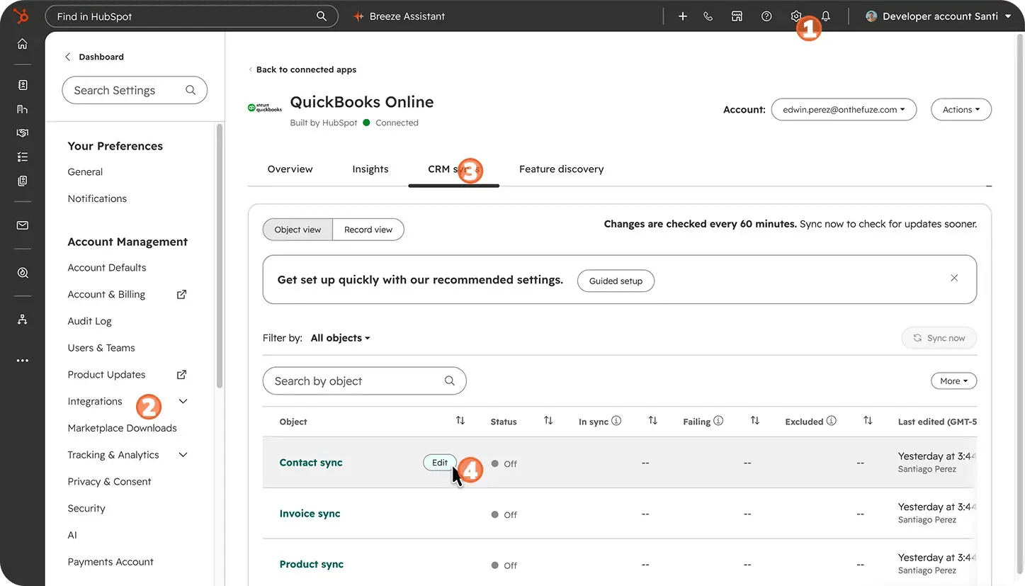 Screenshot of the QuickBooks Online integration in HubSpot settings in four numbered steps: click the settings gear, open Integrations, go to the CRM syncs tab, and click Edit next to Contact sync. The contact, invoice, and product syncs are all Off.