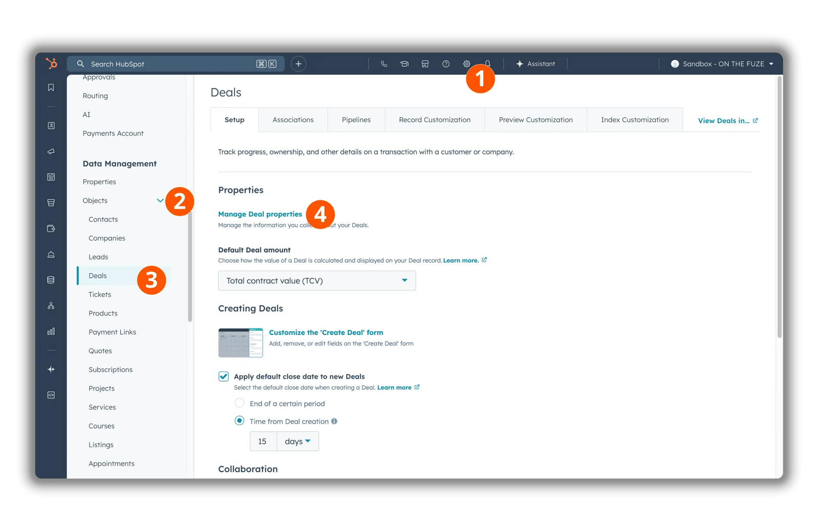 HubSpot CRM Deals settings page with four numbered callouts highlighting: (1) Settings gear icon, (2) Objects menu, (3) Deals nav item, and (4) Manage Deal properties link.