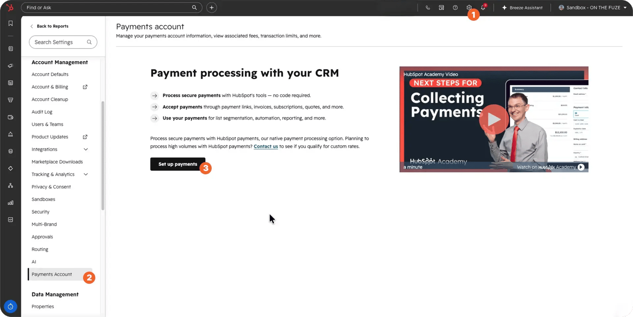 HubSpot Payments Account settings page showing the payment processing setup screen, with navigation to Payments Account and a “Set up payments” button, plus a HubSpot Academy video about collecting payments.