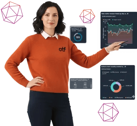 Person presenting analytics charts with geometric graphics around