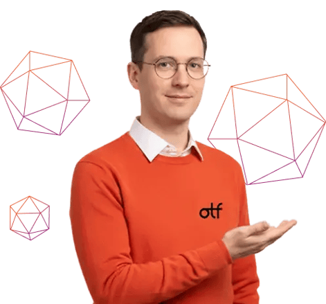 Person presenting with geometric graphics in the background