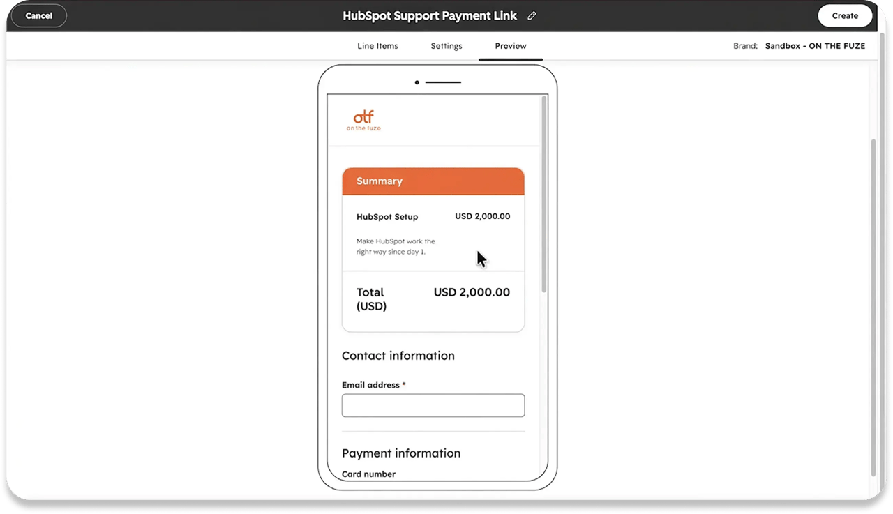 A screenshot of a HubSpot payment link's Preview tab showing the buyer's checkout page on mobile, branded with the On The Fuze logo and an orange Summary panel listing HubSpot Setup at USD 2,000.00, followed by contact and payment information fields.