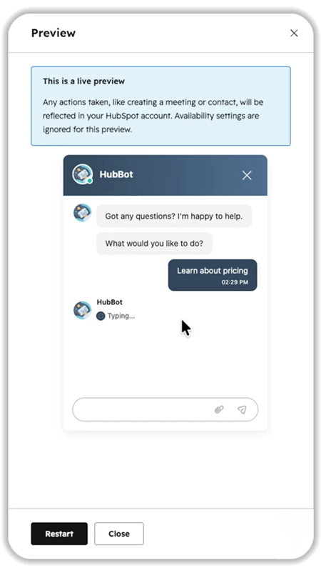 Screenshot of HubSpot's chatflow live preview panel, showing a HubBot chat window with a greeting message, 'Learn about pricing' selected as a user reply, and the bot shown typing a response.