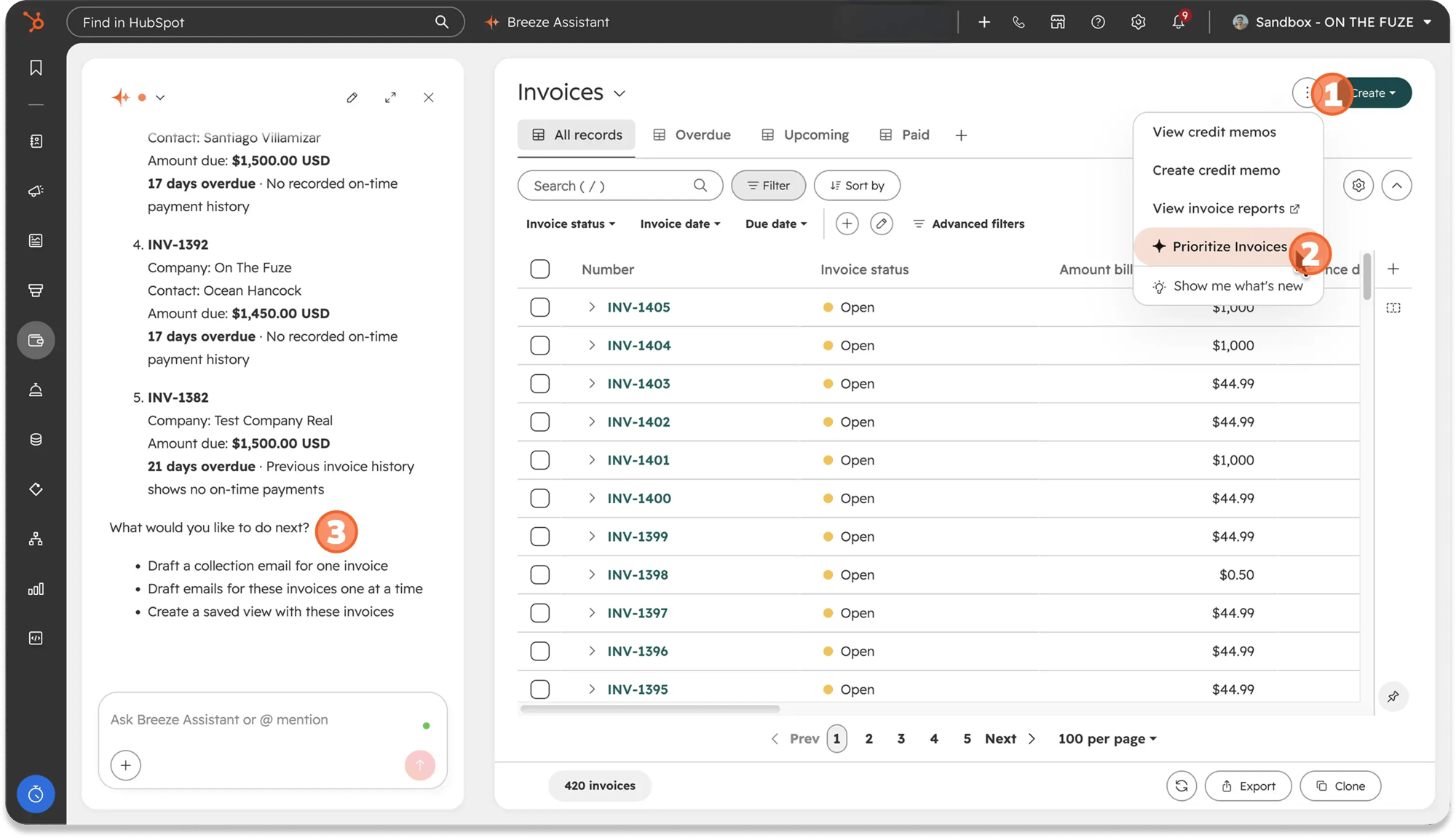Breeze AI's prioritized invoice list in HubSpot, offering to draft collection emails for the highest-priority overdue invoices.