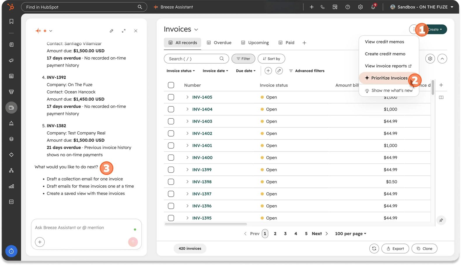 Breeze AI's prioritized invoice list in HubSpot, offering to draft collection emails for the highest-priority overdue invoices.