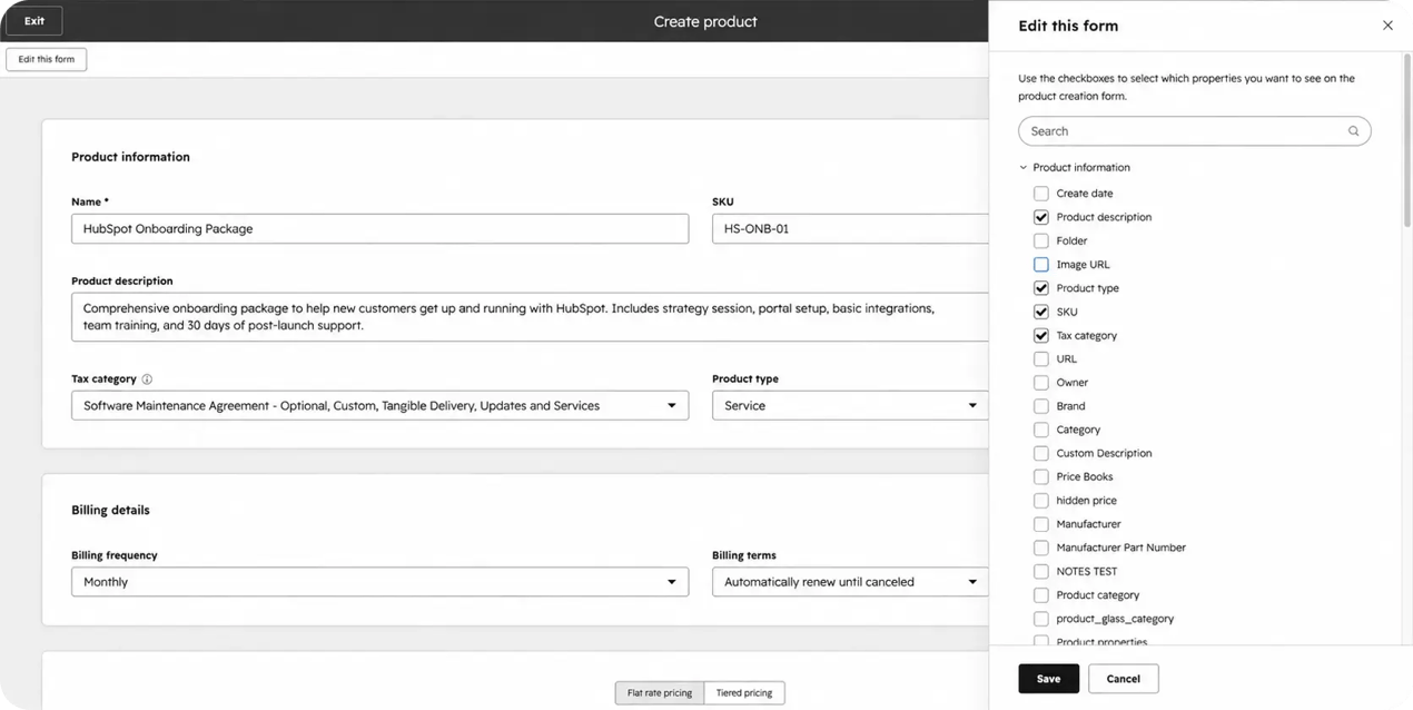 HubSpot Create Product form filled with a HubSpot Onboarding Package, including SKU, service description, tax category, monthly billing, and automatic renewal terms. The "Edit this form" panel is open on the right.