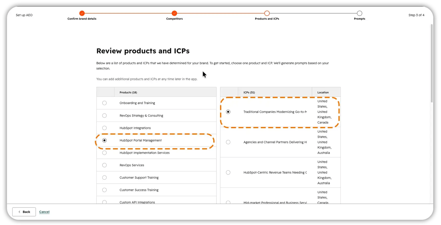 AEO setup wizard, step 3 of 4, showing a 'Review products and ICPs' screen with a products list (HubSpot Portal Management selected, highlighted in orange) and an ICPs list with locations (Traditional Companies Modernizing Go-to-Market selected, highlighted in orange).
