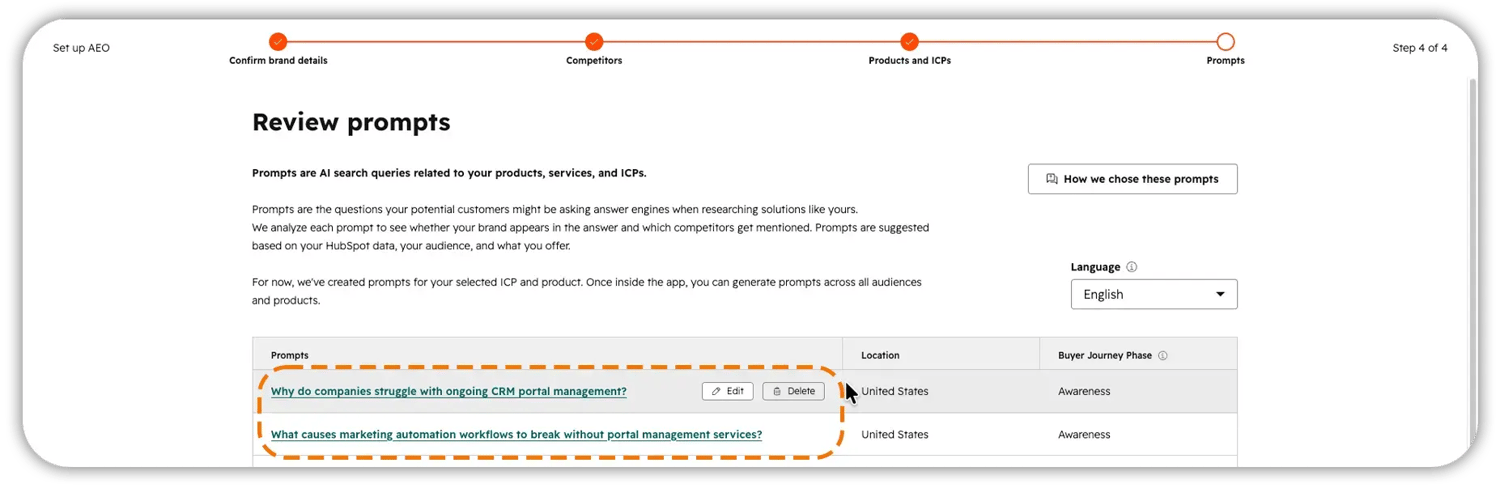 AEO setup wizard, step 4 of 4: 'Review prompts' screen listing generated prompts with location and buyer journey phase, highlighted with Edit/Delete options.