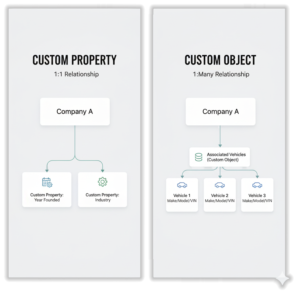 HubSpot Custom Object versus Custom Property comparison diagram showing 1:1 relationship with custom properties for Year Founded and Industry, and 1:Many relationship with Custom Object storing multiple associated vehicle records with Make/Model/VIN data
