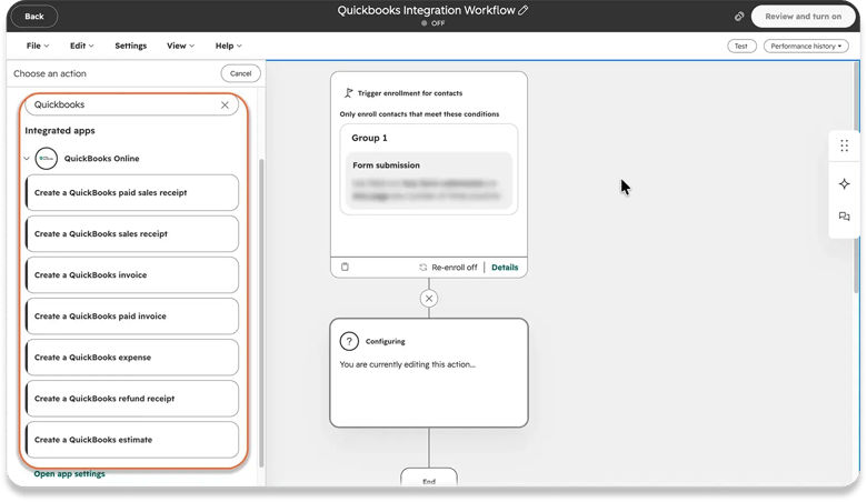 HubSpot workflow editor with a form submission trigger. The action panel search for QuickBooks is highlighted, listing QuickBooks Online actions: create a paid sales receipt, sales receipt, invoice, paid invoice, expense, refund receipt or estimate.