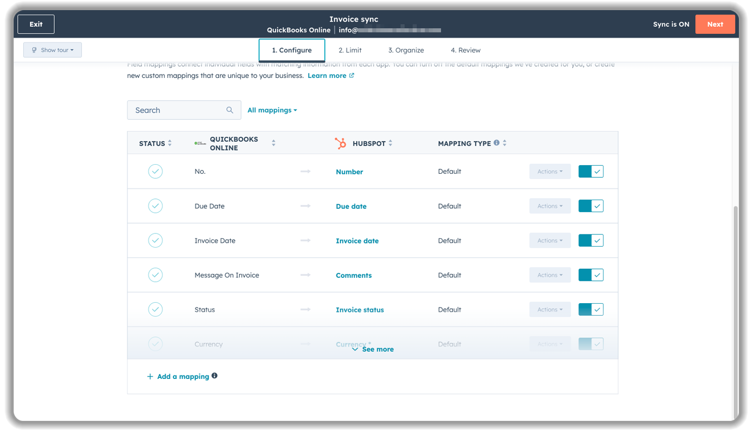 HubSpot QuickBooks Online integration setup showing invoice sync field mapping configuration between QuickBooks and HubSpot CRM