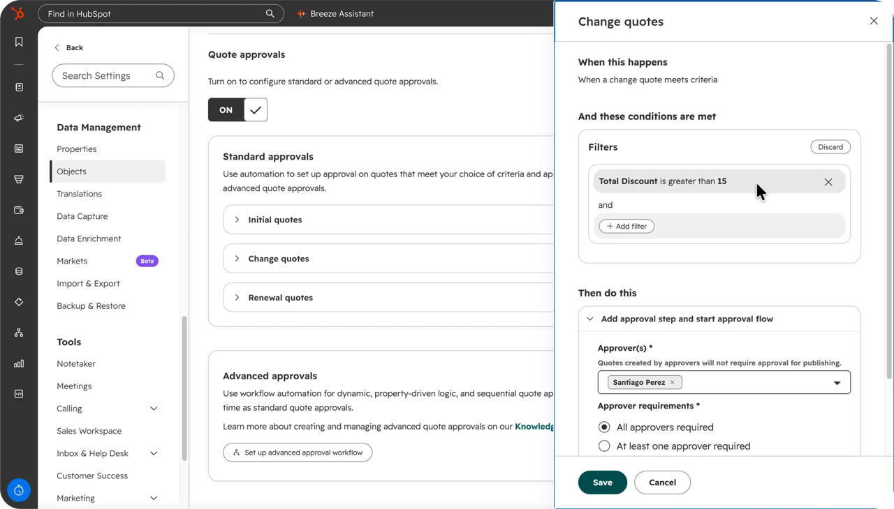 HubSpot quote approvals settings turned on, with standard approvals for initial, change and renewal quotes and a change quote rule panel open: a filter for total discount greater than 15 triggers an approval step requiring all named approvers before the quote can be published.