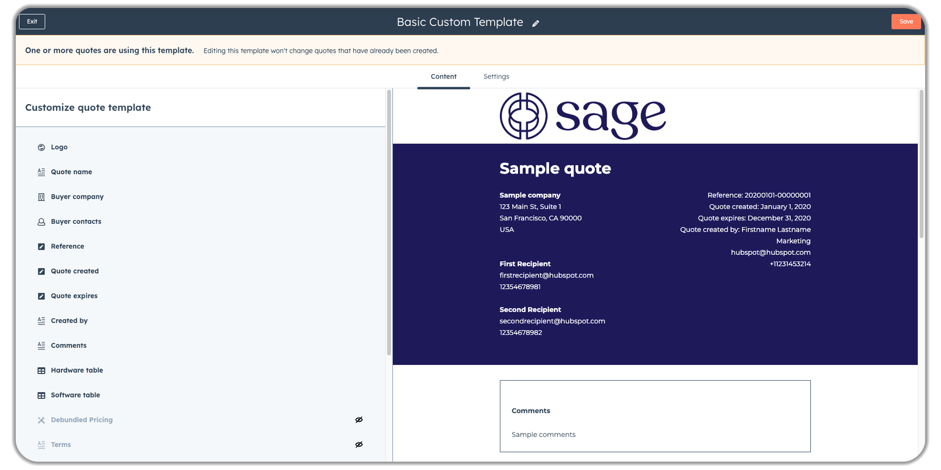 HubSpot quote template customization interface showing a Sage-branded sample quote with editable components, including the logo, buyer details, reference numbers, and pricing tables for hardware and software, with a customizable fields panel on the left.