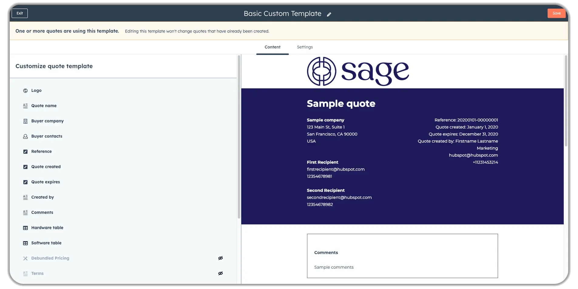 HubSpot quote template customization interface showing a Sage-branded sample quote with editable components, including the logo, buyer details, reference numbers, and pricing tables for hardware and software, with a customizable fields panel on the left.