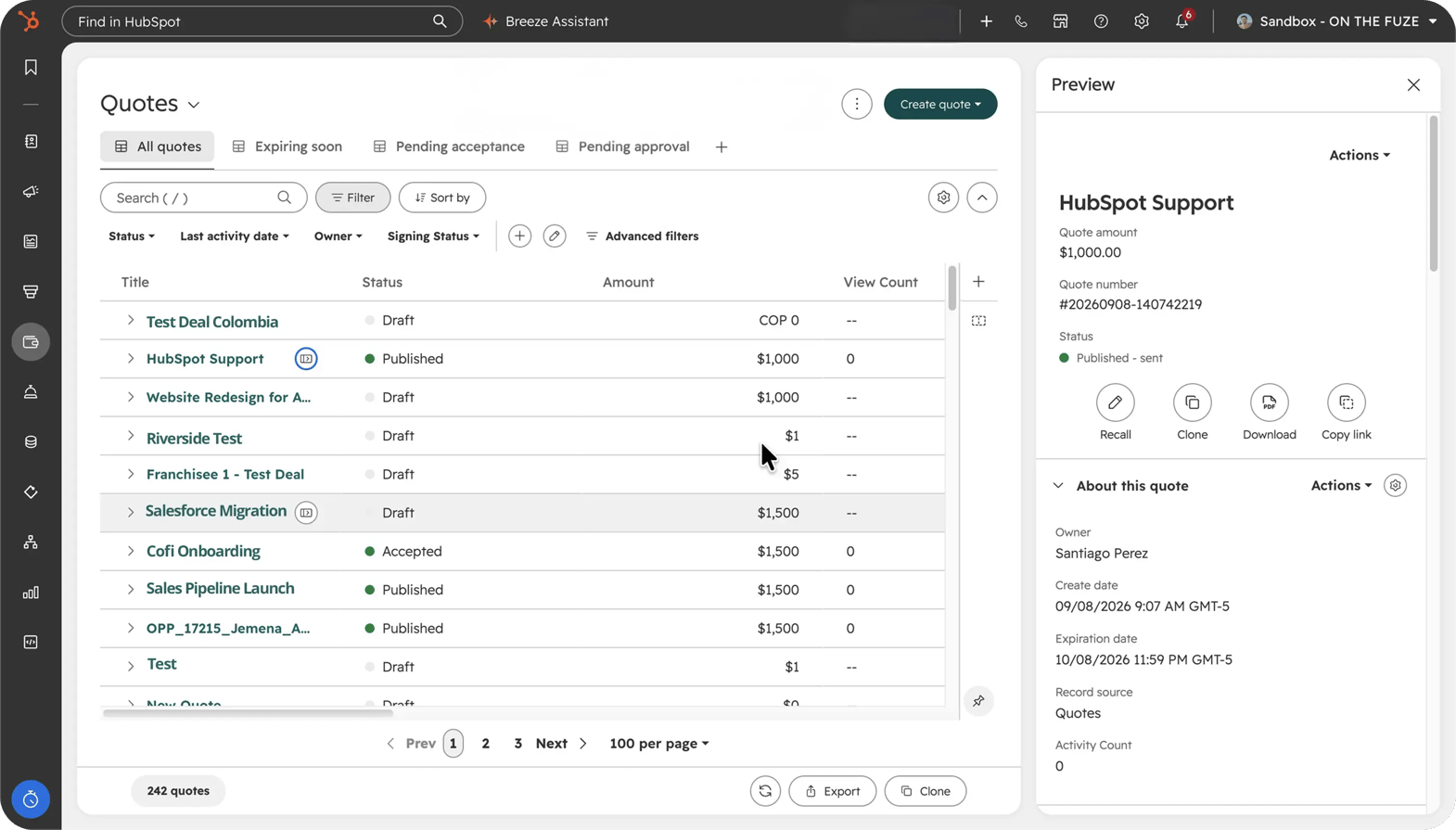 HubSpot quotes index showing how to manage quotes at scale: saved views for expiring soon, pending acceptance and pending approval, a list of quotes with draft, published and accepted statuses and amounts, and a side preview panel with recall, clone, download and copy link actions.