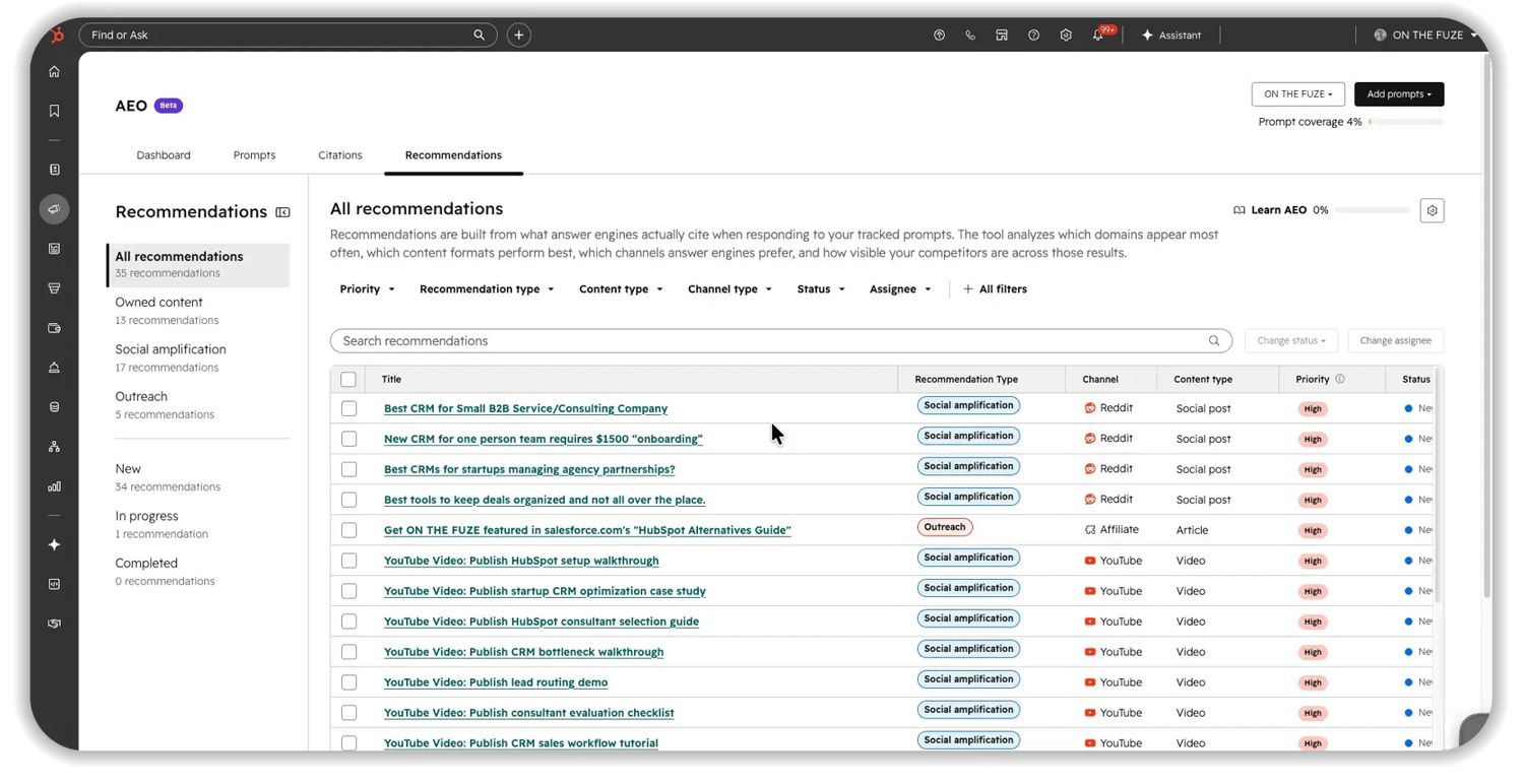 HubSpot AEO tool recommendations tab