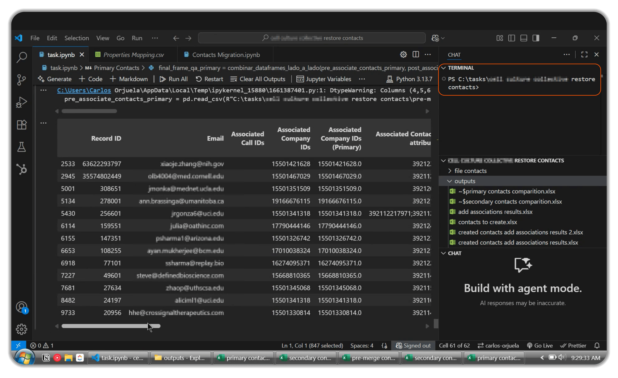 HubSpot CRM contact migration data table with email addresses and associated company IDs for bulk import