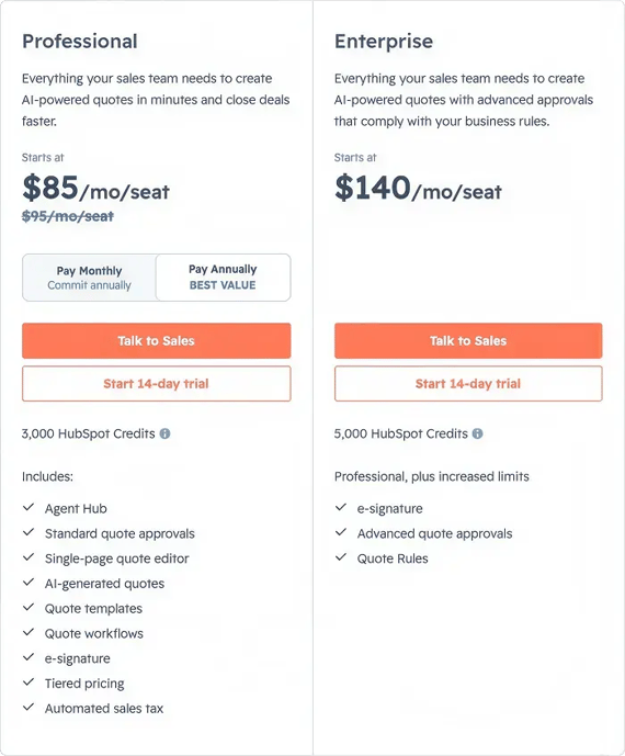 HubSpot Revenue Hub pricing comparison showing Professional at $85/month/seat and Enterprise at $140/month/seat, with features including AI-generated quotes, approvals, e-signature, quote rules, and HubSpot credits.