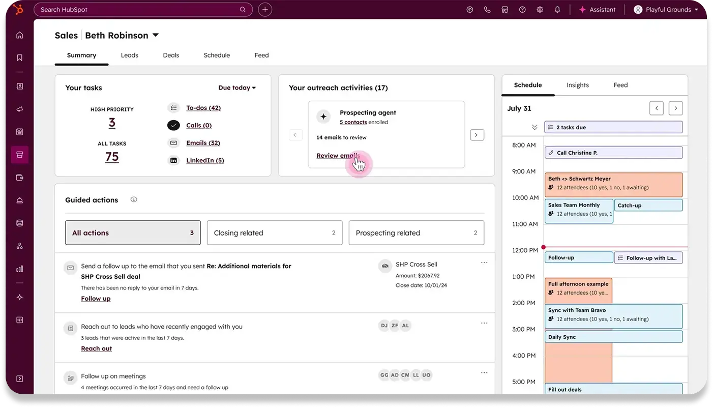 Screenshot of the Summary tab in HubSpot's Sales Workspace. It shows tasks due today (3 high priority, 75 total), a Prospecting agent card with 14 emails to review, guided follow-up actions, and a daily calendar of calls and meetings.