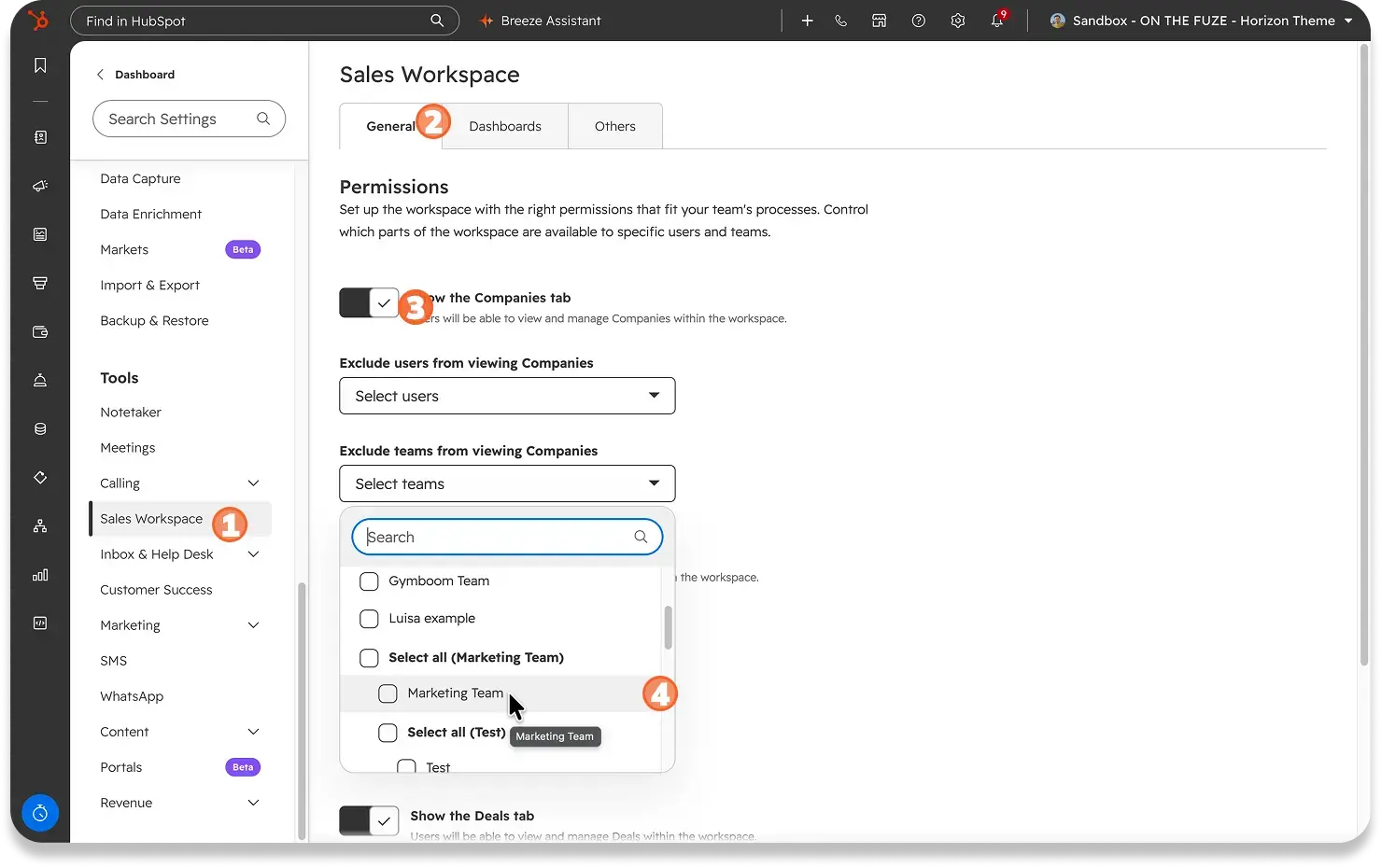 Screenshot of HubSpot's Sales Workspace settings in four numbered steps: open Sales Workspace under Tools, go to the General tab, turn on Show the Companies tab, and pick teams to exclude, such as Marketing Team, from the Exclude teams dropdown.