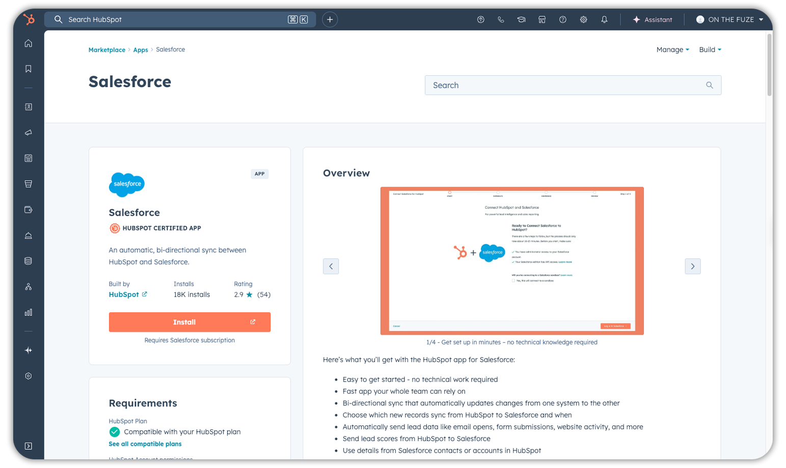 Integrating HubSpot with Salesforce: App Marketplace interface showing certified Salesforce connector with bi-directional sync, installation button, and overview of features