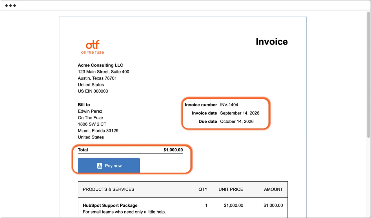 A finished HubSpot invoice as the buyer receives it, with a custom "Tax Invoice" document title, branded header, single line item, and totals.