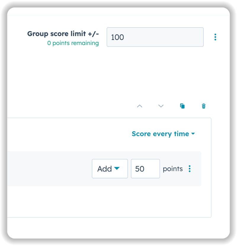 HubSpot lead scoring configuration interface showing group score limit of 100 points with option to add 50 points and score every time setting