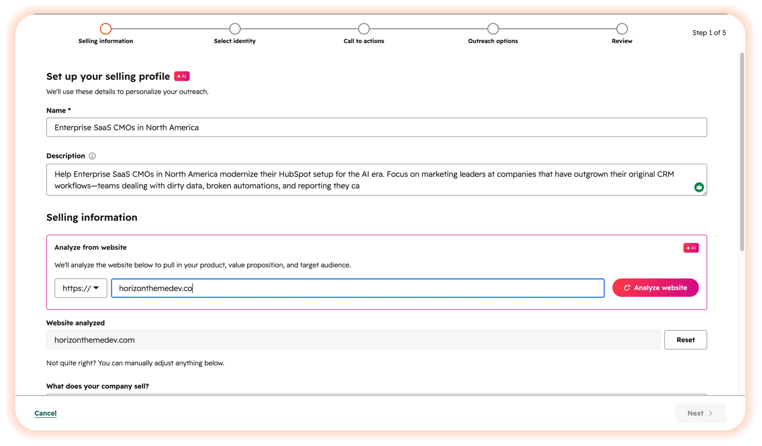 HubSpot Prospecting Agent setup screen — Step 1 of 5: Selling Information, with a selling profile name, description, and website analysis in progress.