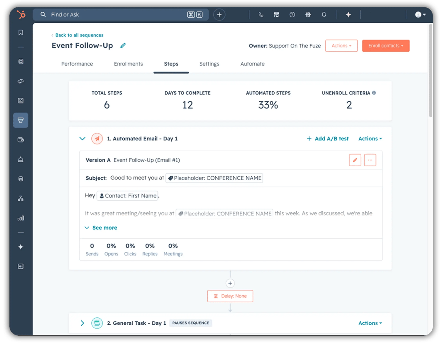 HubSpot Sequences Steps editor showing a 6-step Event Follow-Up sequence with automated email and general task steps