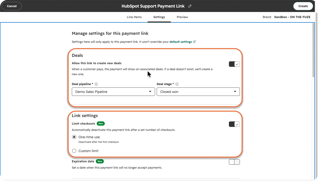 A screenshot of a HubSpot payment link's Settings tab. Highlighted in orange: the Deals section with Allow this link to create new deals on, and Link settings with Limit checkouts on and One-time use selected. Expiration date sits below, turned off.