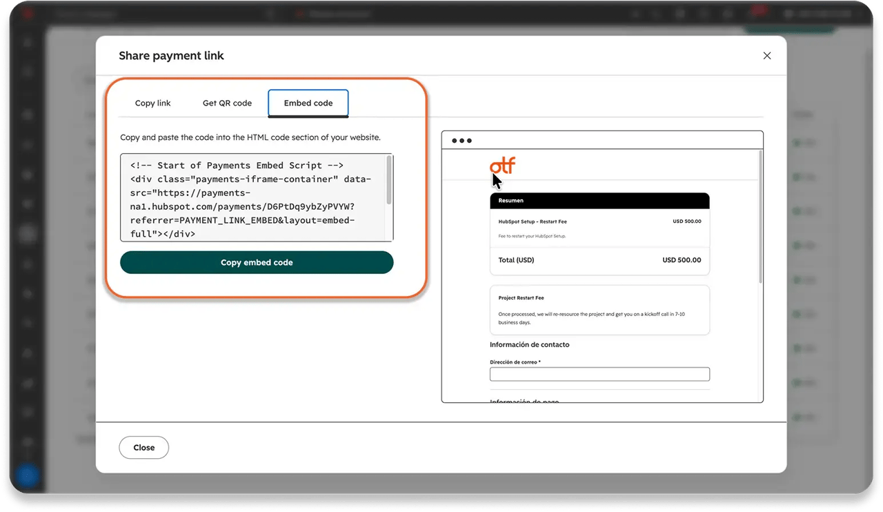A screenshot of HubSpot's Share payment link dialog, with tabs for Copy link, Get QR code, and Embed code. The Embed code tab is highlighted in orange, showing the iframe script, a Copy embed code button, and a checkout preview.