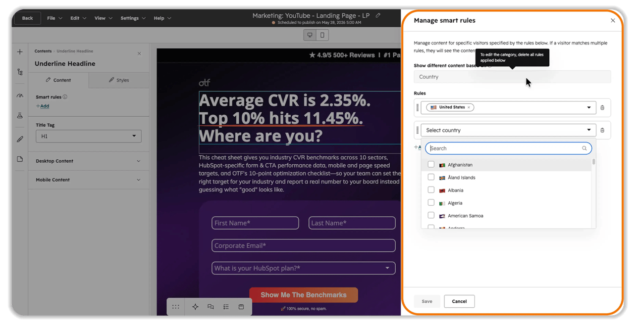 HubSpot landing page editor showing the "Manage smart rules" panel. A country-based rule is being configured, with United States already added and a second country dropdown open, displaying a searchable country list.