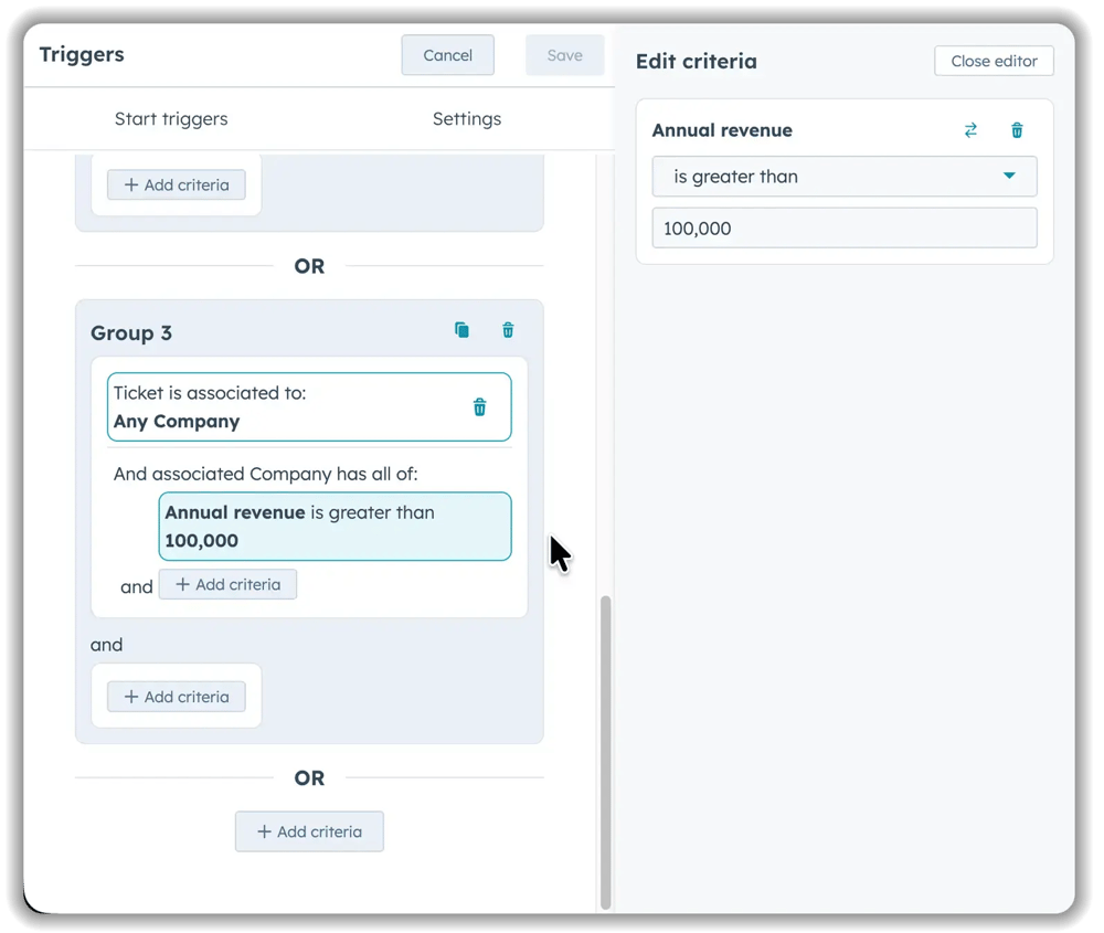 HubSpot workflow trigger editor shows state-based filters in Group 3, where tickets associated with any company that has annual revenue greater than 100,000 will trigger the workflow.