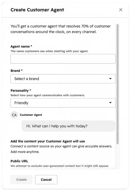 Create Customer Agent setup dialog in HubSpot with fields for agent name, brand, and personality. A preview chat shows the greeting, “Hi. What can I help you with today?” Below, users can add content sources via a public URL to improve the agent’s responses.