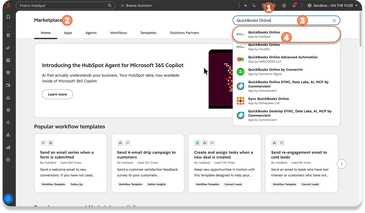 HubSpot Marketplace with four numbered steps: 1 the Marketplace icon in the top bar, 2 the Marketplace page, 3 QuickBooks Online typed in the search bar, 4 the QuickBooks Online app by HubSpot selected at the top of the results, above third-party versions.