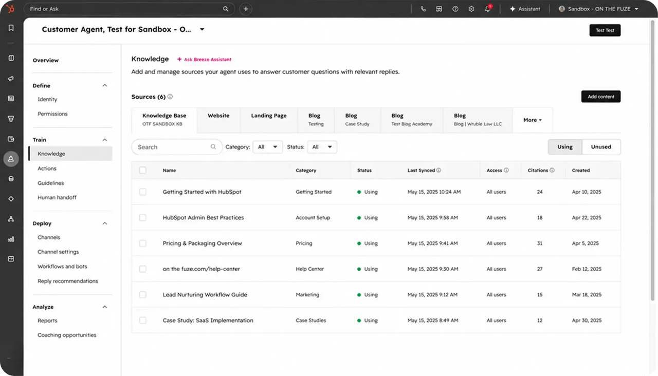 HubSpot Customer Agent knowledge settings showing connected content sources. Tabs include Knowledge Base, Website, Landing Page, and Blog. A table lists active sources with category, status, last synced date, access level, citations, and creation date, plus search and filter options.